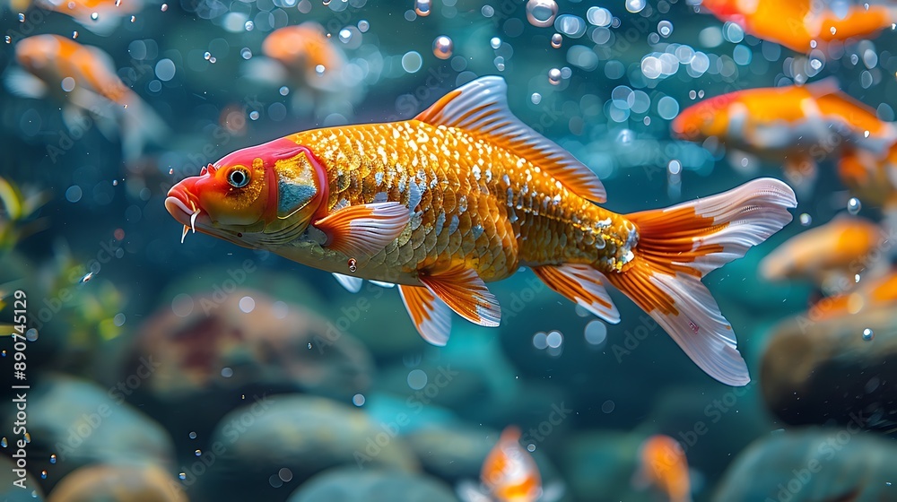 A watercolor painting of koi fish swimming in a calm pond, with rocks and aquatic plants providing a natural habitat. A watercolor painting of koi fish swimming in a calm pond, with rocks and aquatic plants providing a natural habitat.