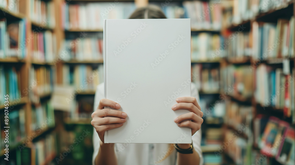Close up blank book cover mockup being held by a person in a library Close up blank book cover mockup being held by a person in a library