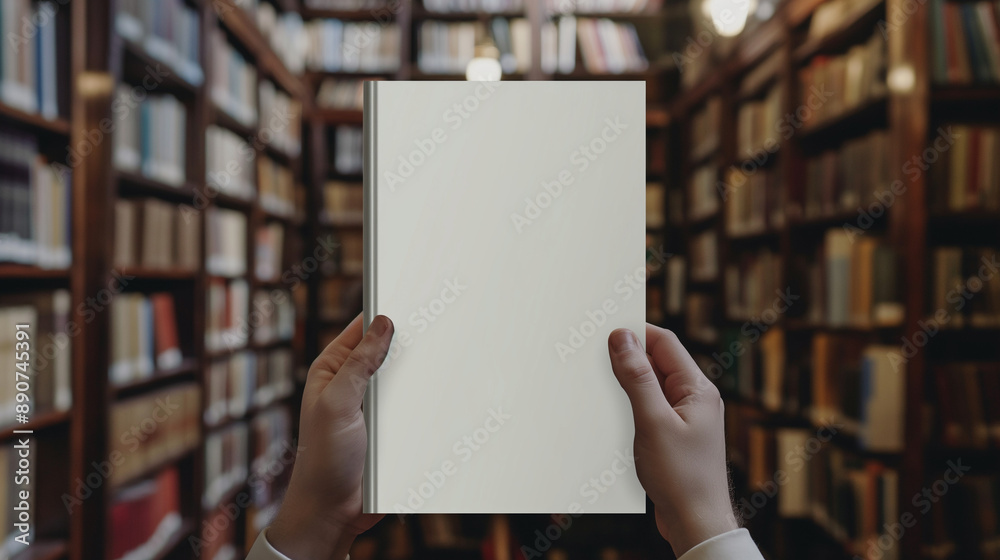 Close up blank book cover mockup being held by a person in a library Close up blank book cover mockup being held by a person in a library