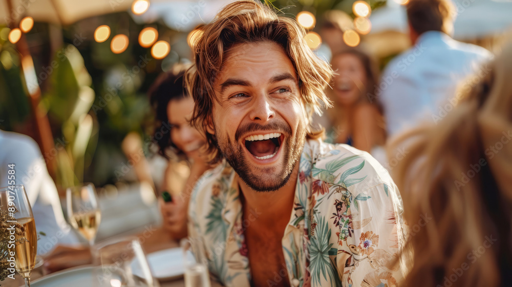 Obraz premium Handsome man laughing joyfully at an outdoor party, surrounded by friends, warm ambiance with bokeh lights