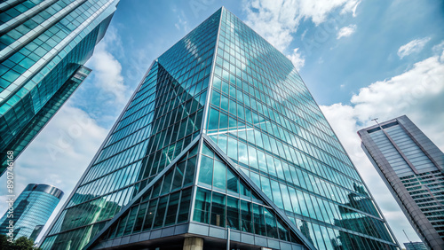 Modern office skyscraper with sleek glass facade and sharp angular architecture dominates the cityscape, symbolizing financial prosperity and economic growth.