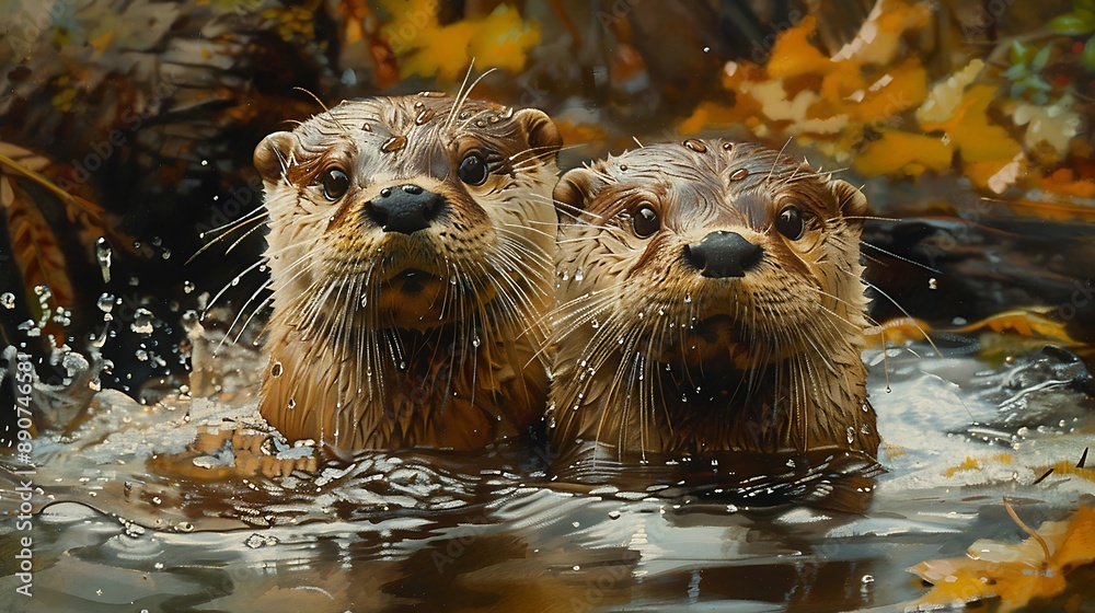 A watercolor painting of otters floating playfully on their backs in a stream, with gentle ripples and reflections of the surrounding forest. A watercolor painting of otters floating playfully on their backs in a stream, with gentle ripples and reflections of the surrounding forest.