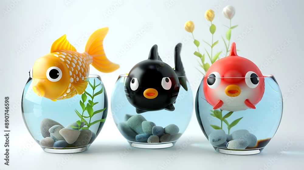 Fototapeta premium Three Cartoon Fish in Glass Bowls