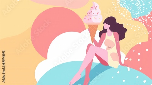 Flat vector abstract vector poster with theme of hot summer and ice cream