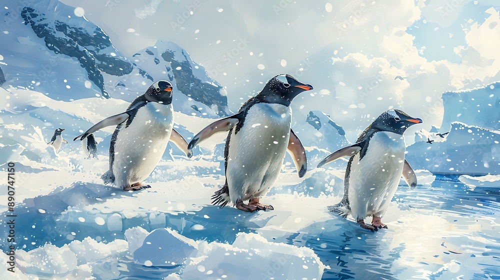 Obraz premium A watercolor painting of penguins playfully waddling across icy terrain, with icebergs and a clear, sunny sky.