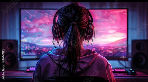 Gamer Girl In A Pink Hoodie back At Her Gaming Setup: A stylish gamer, sporting a pink hoodie, sits at her setup, © Mikalai