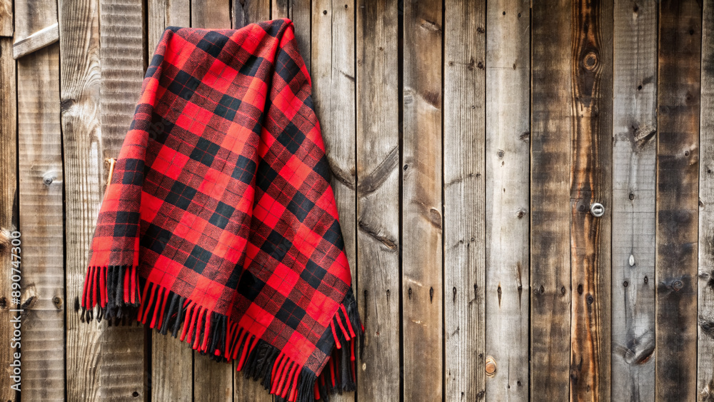 Cozy red and black plaid blanket hangs neatly on a rustic wooden wall, infusing warmth and textured charm into a serene and inviting atmosphere. Cozy red and black plaid blanket hangs neatly on a rustic wooden wall, infusing warmth and textured charm into a serene and inviting atmosphere.