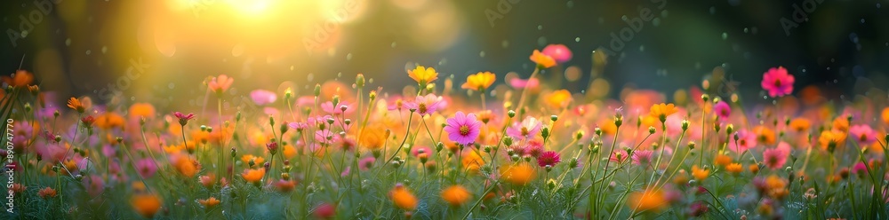Field of colorful flowers with bokeh sunrise background. Beautiful nature landscape. Bright morning meadow. Banner, wallpaper Field of colorful flowers with bokeh sunrise background. Beautiful nature landscape. Bright morning meadow. Banner, wallpaper