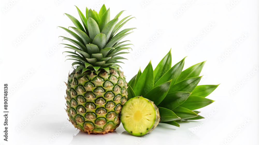 Fresh whole pineapple with green leaves isolated on transparent background and single slice next to it, perfect for culinary and tropical design projects. Fresh whole pineapple with green leaves isolated on transparent background and single slice next to it, perfect for culinary and tropical design projects.