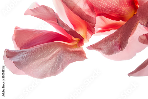 Photograph of bright pink rose petals suspended in mid-air, isolated on a white background, emphasizing their lightness and beauty