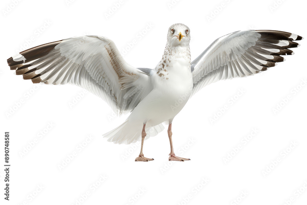 Fototapeta premium Seagull in mid-flight, isolated on a clean white background, capturing its dynamic movement and feather details
