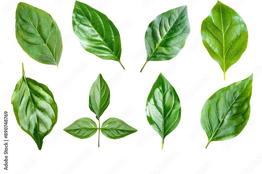 Set of fresh green leaves, isolated on a white background, highlighting their vibrant color and delicate structure Set of fresh green leaves, isolated on a white background, highlighting their vibrant color and delicate structure