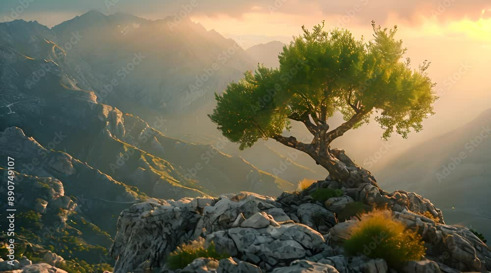 A lone olive tree stands on a rocky mountain top. Generate AI Video