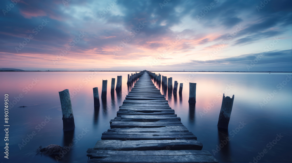 generated illustration of serene long exposure of wooden ruined pier leading into tranquil ocean. with sunrise generated illustration of serene long exposure of wooden ruined pier leading into tranquil ocean. with sunrise