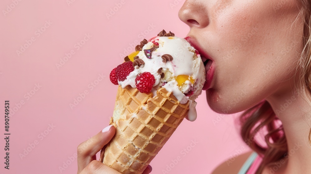 Female holding and eating a cone ice cream Female holding and eating a cone ice cream
