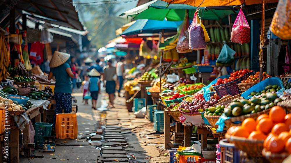 Fototapeta premium A bustling market in a small town with colorful stalls and local produce