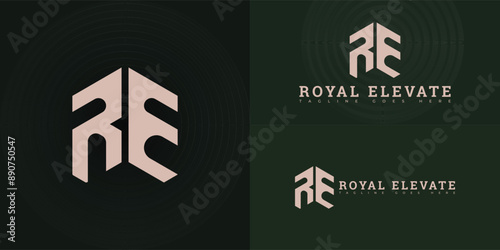 Abstract initial letter RE or ER logo in gold color isolated on multiple background colors. The logo is suitable for property and construction company logo design inspiration templates.