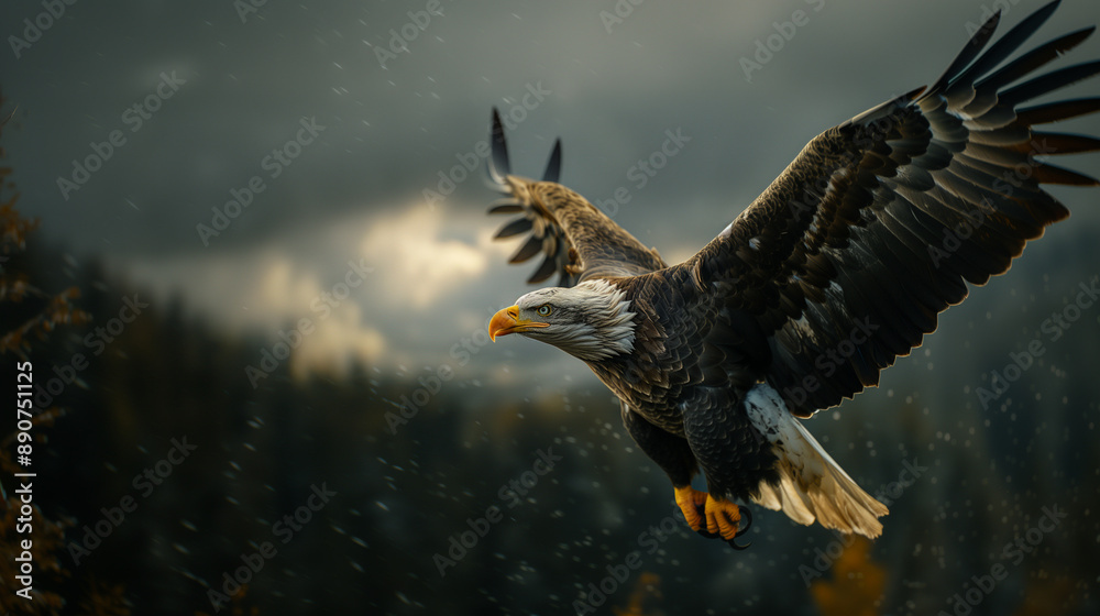 Obraz premium A regal bald eagle, showcasing the impressive stature and majesty of this powerful bird.