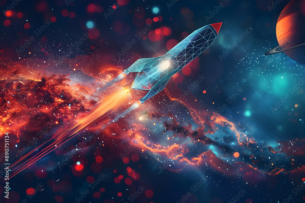 Flying rocket with planets in space. Low poly style design. Abstract geometric background. Wireframe light connection structure. Modern 3D graphic concept. Isolated illustration. Flying rocket with planets in space. Low poly style design. Abstract geometric background. Wireframe light connection structure. Modern 3D graphic concept. Isolated illustration.
