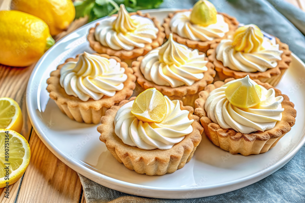 Freshly baked tartlets adorned with a dollop of tangy lemon curd and topped with fluffy Italian meringue, perfectly arranged on a crisp white plate. Freshly baked tartlets adorned with a dollop of tangy lemon curd and topped with fluffy Italian meringue, perfectly arranged on a crisp white plate.