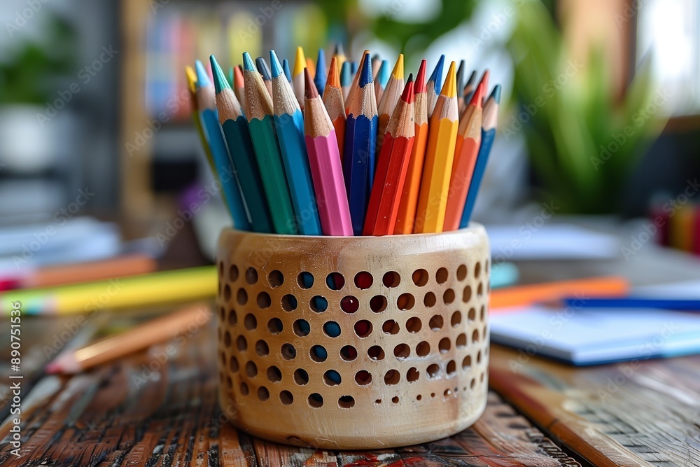 Colorful Pencils in Wooden Holder on Rustic Tabletop Colorful Pencils in Wooden Holder on Rustic Tabletop