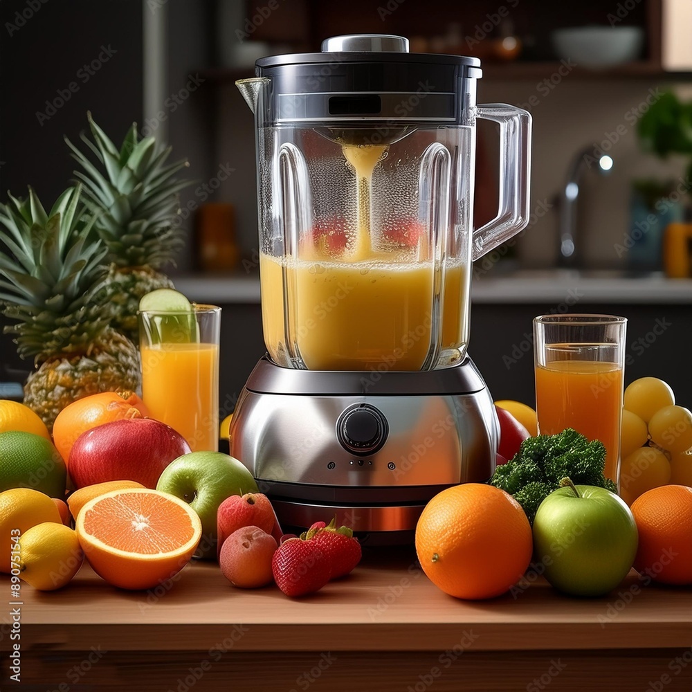 Experience Freshness: Sleek Yellow Juicer with Vibrant Oranges and Grapefruits, Perfect for a Healthy and Inviting Kitchen Setting Experience Freshness: Sleek Yellow Juicer with Vibrant Oranges and Grapefruits, Perfect for a Healthy and Inviting Kitchen Setting