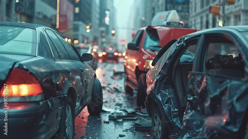 A heartbreaking scene of a road accident in the city, where damaged cars and worried people show the urgent need for car insurance. 