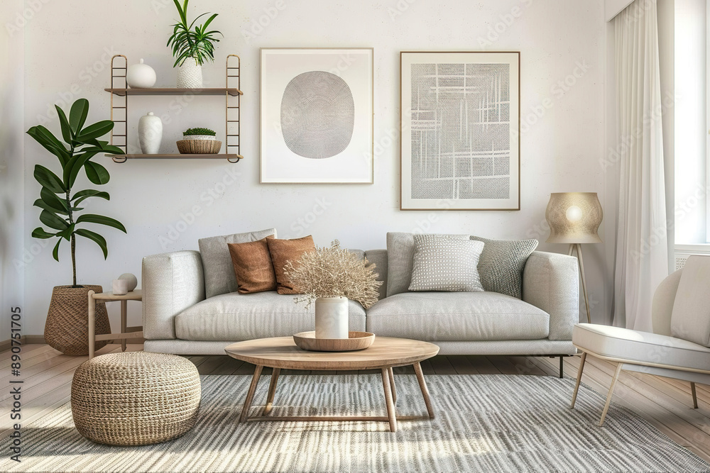 A living room with a couch, coffee table, and potted plant. A living room with a couch, coffee table, and potted plant.
