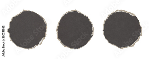set of torn and ripped paper circles, round shapes with jagged edges from black paper in Y2K retro style, png isolated cardboard pieces on transparent background