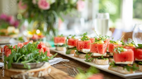 An elegant party setup with watermelon sandwiches, featuring watermelon, brie cheese, fig jam, and arugula © Anna