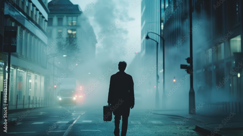 A person walking alone on a misty city street at night, perfect for scenes of mystery and suspense A person walking alone on a misty city street at night, perfect for scenes of mystery and suspense