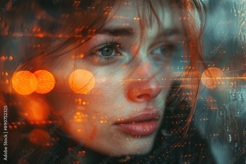 Portrait of a Young Woman with Intense Gaze Overlaid with Abstract City Night Lights Creating a Dreamlike, Reflective Atmosphereintense gaze