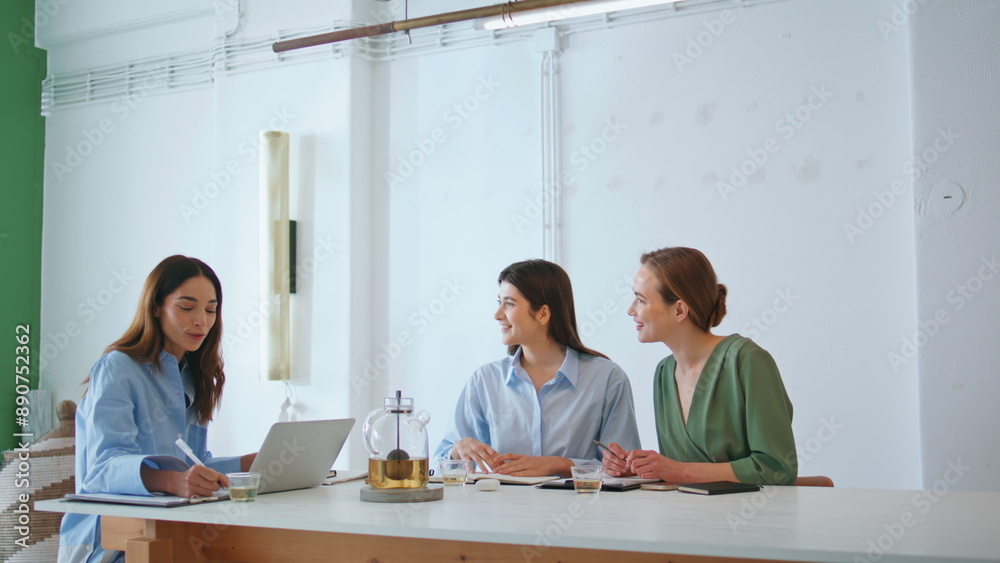 Friendly boss talking employees on team meeting. Corporate mentor discussing Friendly boss talking employees on team meeting. Corporate mentor discussing