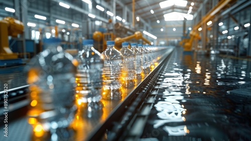 Plastic water bottles on automated assembly line in modern industrial factory with reflections and robotic machinery in background 