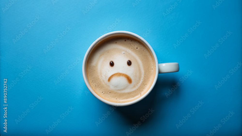 A solitary coffee cup with a melancholic face drawn in milk foam sits on a blue background, evoking feelings of loneliness and hardship on a difficult morning. A solitary coffee cup with a melancholic face drawn in milk foam sits on a blue background, evoking feelings of loneliness and hardship on a difficult morning.