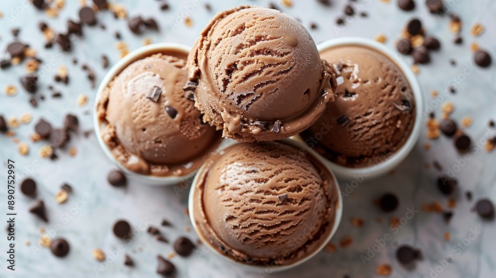 Four scoops of chocolate ice cream, with chocolate chips scattered around them Four scoops of chocolate ice cream, with chocolate chips scattered around them