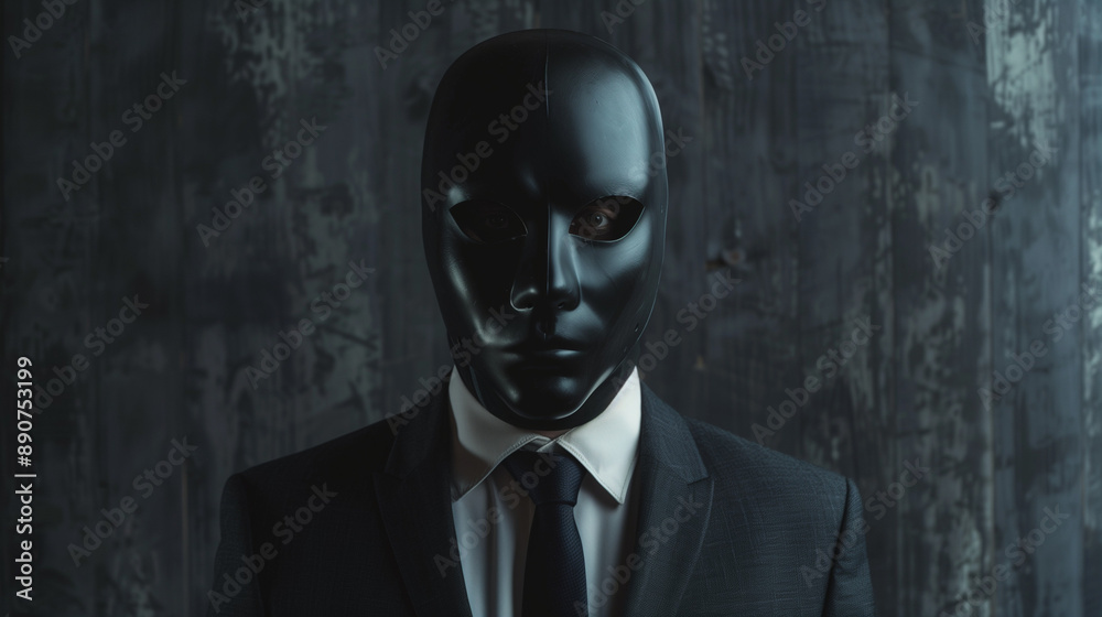 The liar motif depicted by a man in formal clothes, with a black mask covering his face. The mask indicates his attempt to hide his true nature and intentions. The liar motif depicted by a man in formal clothes, with a black mask covering his face. The mask indicates his attempt to hide his true nature and intentions.