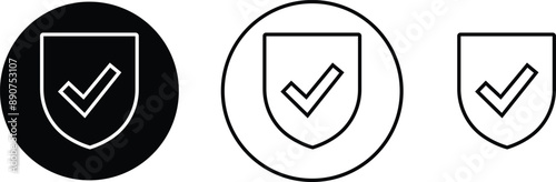 Shield with check mark icon set. Protection approve Security sign. Strong privacy tick shield. Tick mark approved. Flat and line style black vector collection isolated on transparent background.