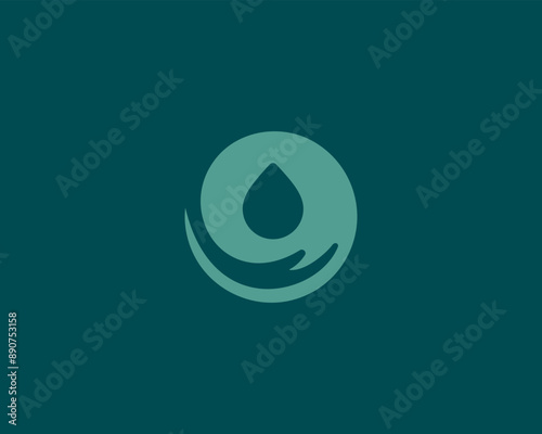 Abstract water drop over human hand logo design. Liquid aqua symbol. Vector illustration