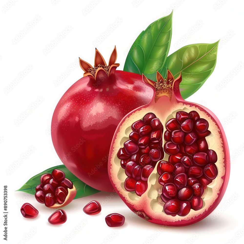 Artistic drawing painting of fresh pomegranate fruit seed grain leaf Artistic drawing painting of fresh pomegranate fruit seed grain leaf