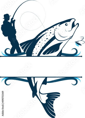 Fisherman with fishing rod, fish silhouette signboard frame