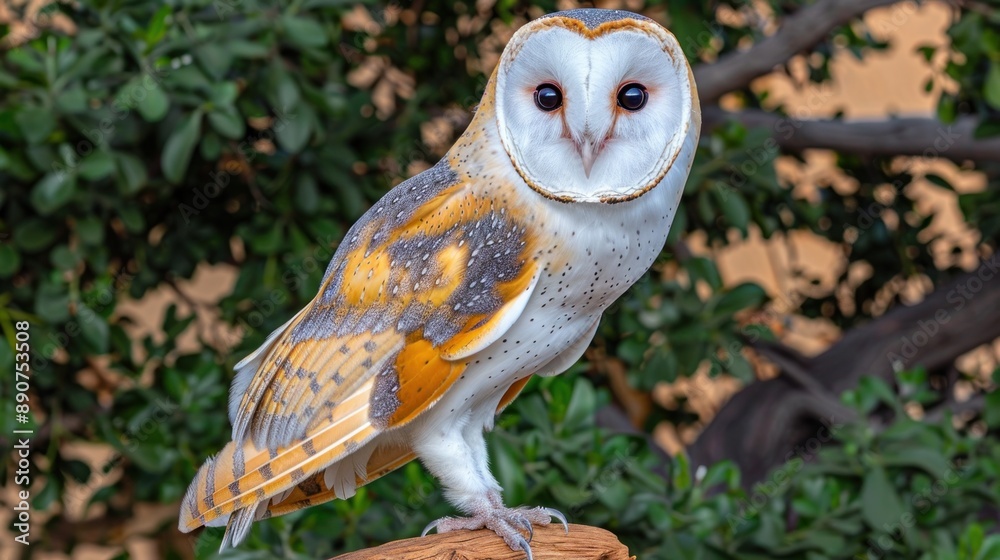 Barn owl with heart-shaped face perches in vibrant foliage Barn owl with heart-shaped face perches in vibrant foliage