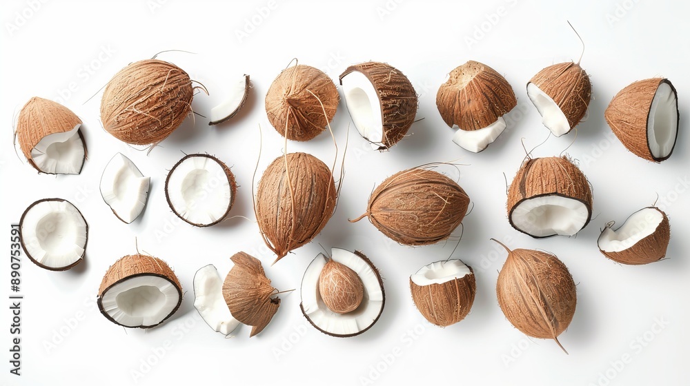 Assortment of fresh whole coconuts half coconuts and coconut slices isolated on a white background Top view Assortment of fresh whole coconuts half coconuts and coconut slices isolated on a white background Top view