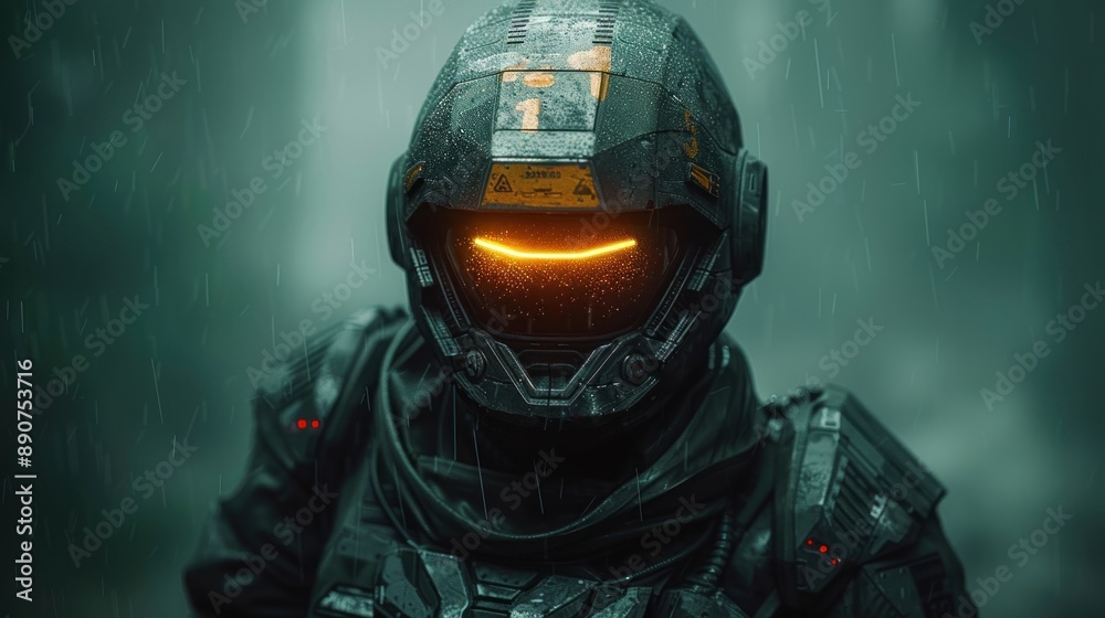 A soldier in futuristic armor stands in the rain, gazing ahead with determination A soldier in futuristic armor stands in the rain, gazing ahead with determination