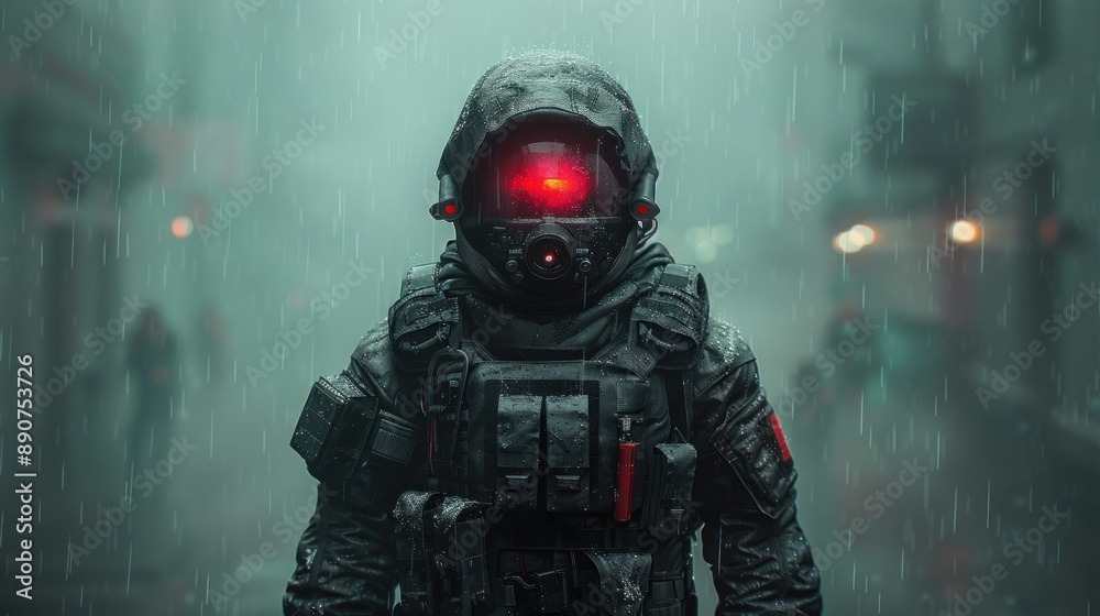 A soldier in full gear walks through a city in the rain A soldier in full gear walks through a city in the rain