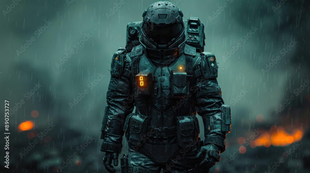 A lone space ranger walks through a rainstorm in a ruined city A lone space ranger walks through a rainstorm in a ruined city