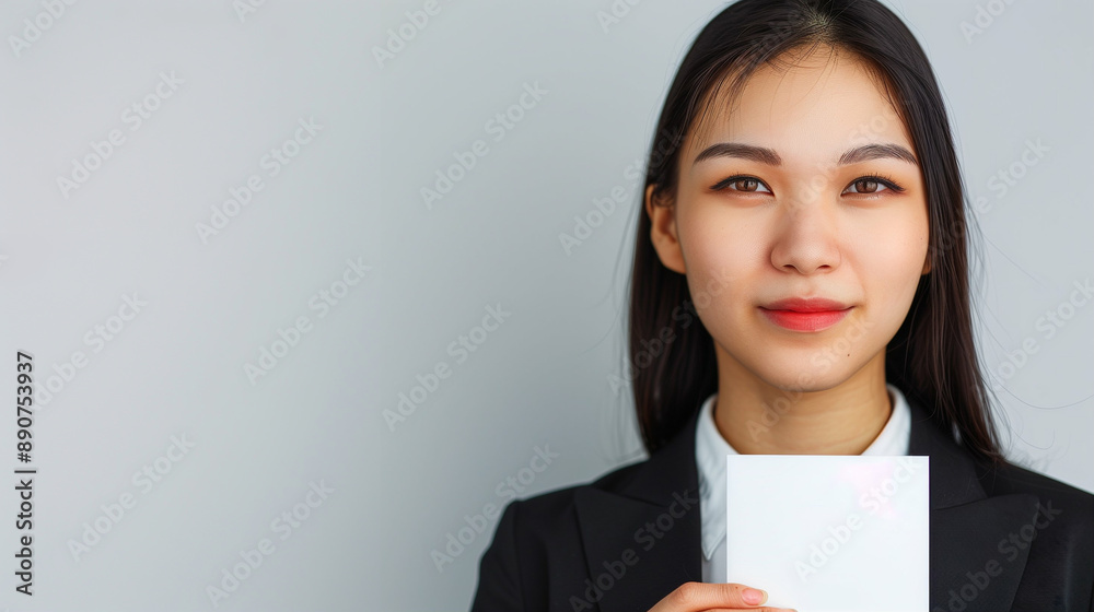 Professional Portrait of a Young Businesswoman Holding a Blank Card. Capturing confidence and professionalism this image showcases the essence of modern business representation Professional Portrait of a Young Businesswoman Holding a Blank Card. Capturing confidence and professionalism this image showcases the essence of modern business representation