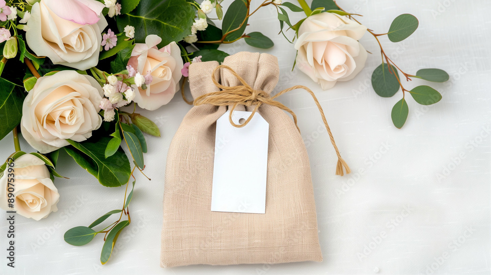 Elegant Gift Bag Surrounded by Beautiful Roses. Perfect for Any Celebration or Surprise Gift Elegant Gift Bag Surrounded by Beautiful Roses. Perfect for Any Celebration or Surprise Gift