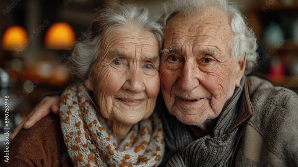 Heartwarming portrait of elderly couple smiling affectionately, showing deep connection, love, and companionship in cozy indoor setting with warm lightingelderly couple Heartwarming portrait of elderly couple smiling affectionately, showing deep connection, love, and companionship in cozy indoor setting with warm lightingelderly couple