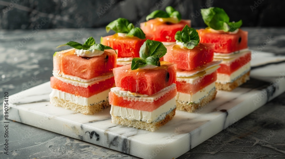 artistic arrangement of watermelon sandwiches with layers of watermelon, served on a marble platter artistic arrangement of watermelon sandwiches with layers of watermelon, served on a marble platter